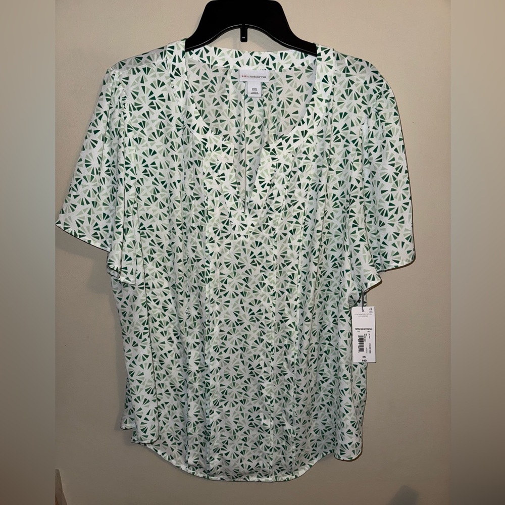 Liz Claiborne White and Green Geometric Blouse